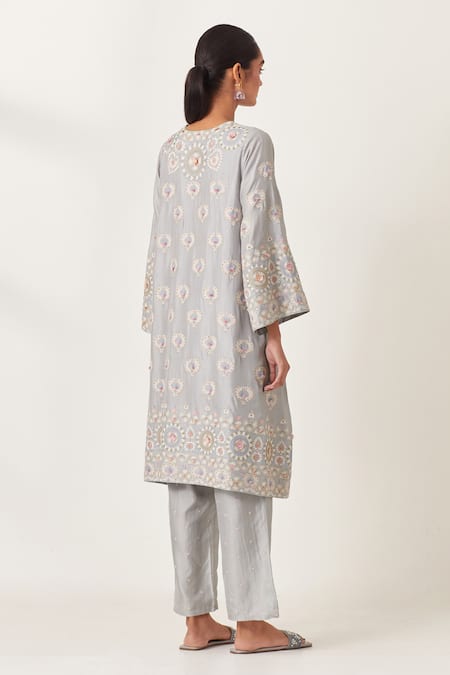 Shop_Kora_Blue , Organza Embroidery, Tassels Split Floral Applique Kurta Pant Set _at_Aza_Fashions