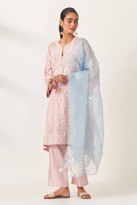 KORA Pink Kurta And Pant Silk Embroidered Aari Notched Applique Set 