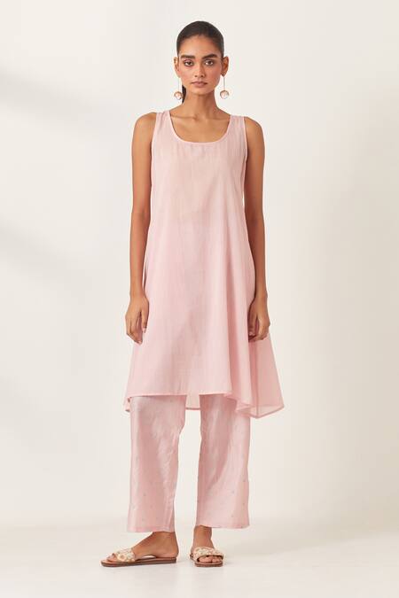 Kora_Pink , Organza Embroidery, Tassels Collared Applique Kurta Pant Set _Online_at_Aza_Fashions