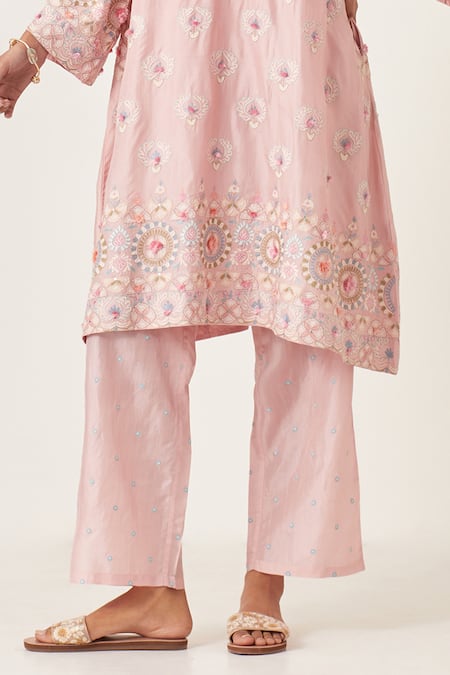 Shop_Kora_Pink , Organza Embroidery, Tassels Collared Applique Kurta Pant Set _Online_at_Aza_Fashions