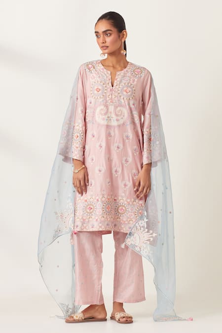 Buy_Kora_Pink , Organza Embroidery, Tassels Collared Applique Kurta Pant Set 