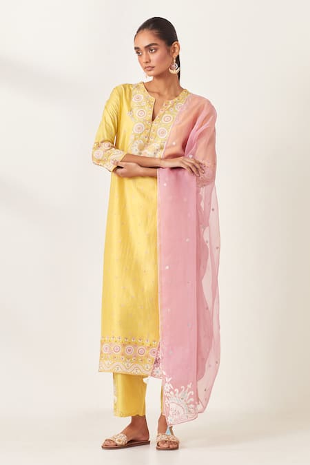 KORA Silk Floral Aari Embroidered Kurta Pant Set 