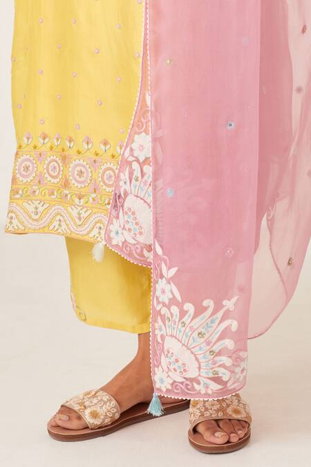 Kora_Yellow , Organza Sequins, Embroidery Split Floral Aari Kurta Pant Set _at_Aza_Fashions