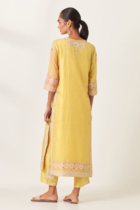 Shop_Kora_Yellow , Organza Sequins, Embroidery Split Floral Aari Kurta Pant Set _at_Aza_Fashions