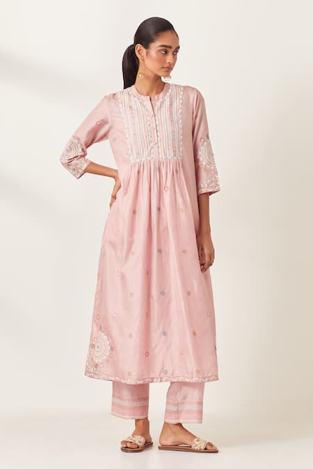 Kora_Pink , Organza Sequins, Applique, Floral Butti Aari Work Kurta Pant Set _Online_at_Aza_Fashions