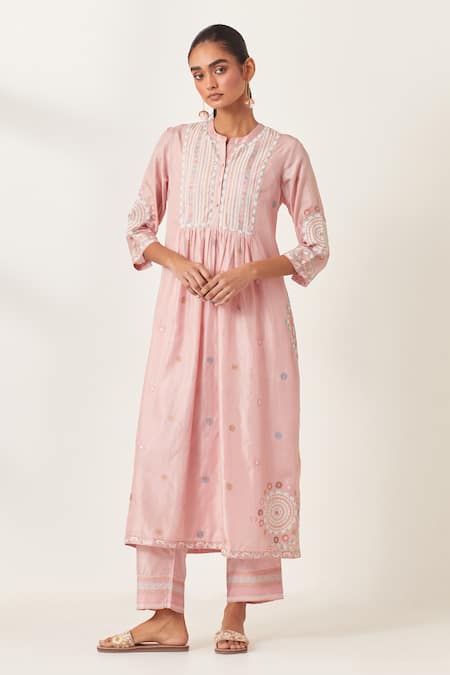 Buy_Kora_Pink , Organza Sequins, Applique, Floral Butti Aari Work Kurta Pant Set _Online_at_Aza_Fashions