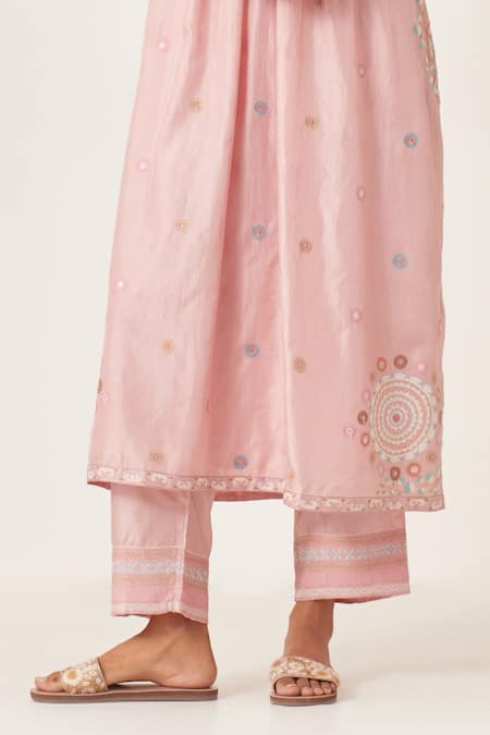 Shop_Kora_Pink , Organza Sequins, Applique, Floral Butti Aari Work Kurta Pant Set _Online_at_Aza_Fashions