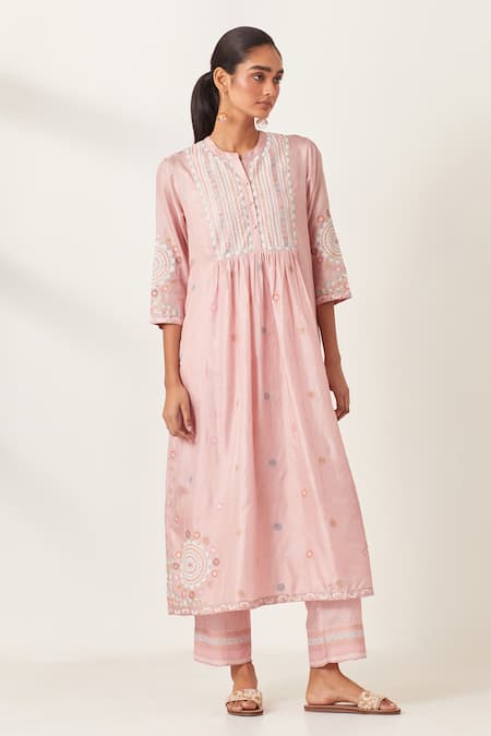 Kora_Pink , Organza Sequins, Applique, Floral Butti Aari Work Kurta Pant Set _at_Aza_Fashions