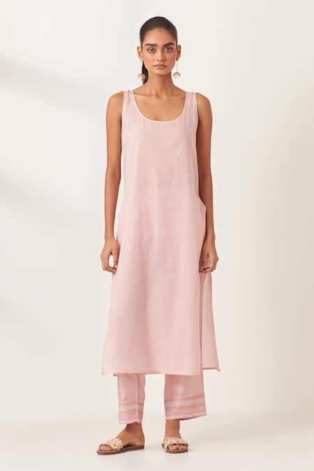 Buy_Kora_Pink , Organza Sequins, Applique, Floral Butti Aari Work Kurta Pant Set 