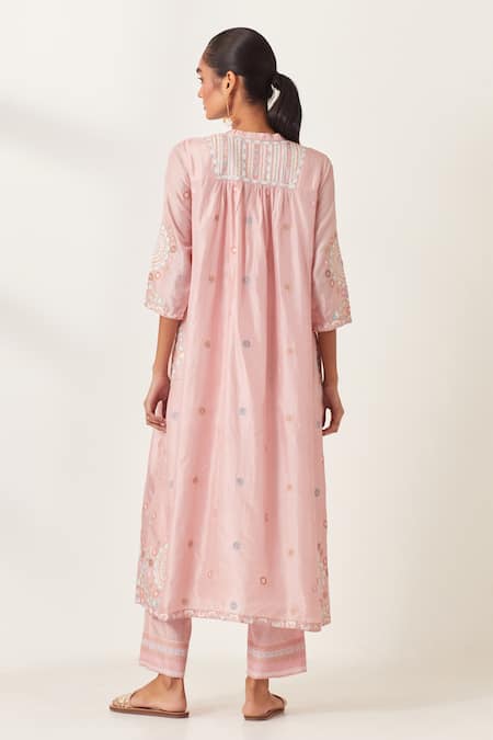 Shop_Kora_Pink , Organza Sequins, Applique, Floral Butti Aari Work Kurta Pant Set _at_Aza_Fashions