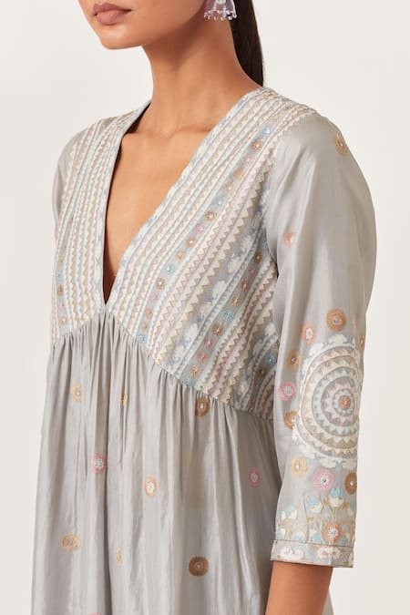 Kora_Blue , Organza Sequins, Embroidery Applique Stripe Anarkali Pant Set _at_Aza_Fashions