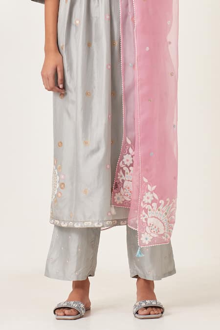 Buy_Kora_Blue , Organza Sequins, Embroidery Applique Stripe Anarkali Pant Set 