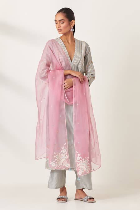 Shop_Kora_Blue , Organza Sequins, Embroidery Applique Stripe Anarkali Pant Set 