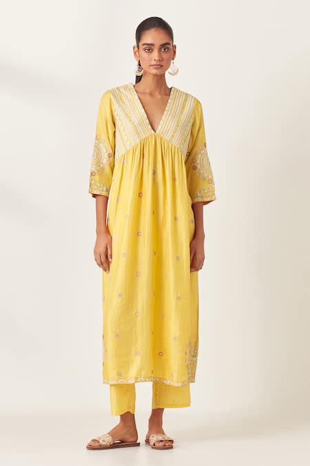 Kora_Yellow , Organza Sequins, Applique Stripe Aari Work Anarkali Pant Set _Online_at_Aza_Fashions