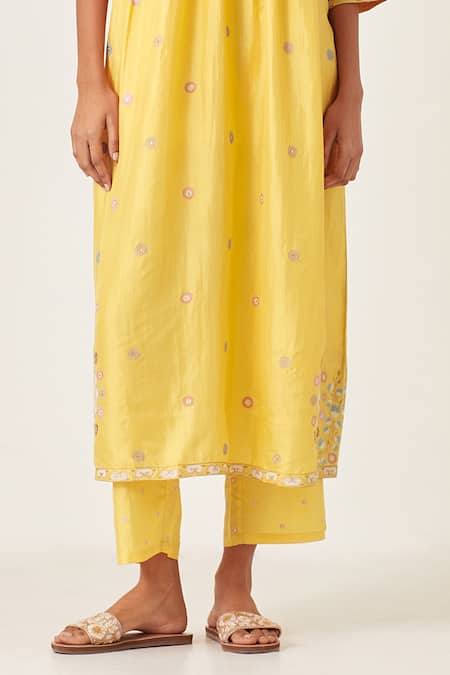 Buy_Kora_Yellow , Organza Sequins, Applique Stripe Aari Work Anarkali Pant Set _Online_at_Aza_Fashions