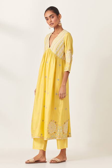 Shop_Kora_Yellow , Organza Sequins, Applique Stripe Aari Work Anarkali Pant Set _Online_at_Aza_Fashions