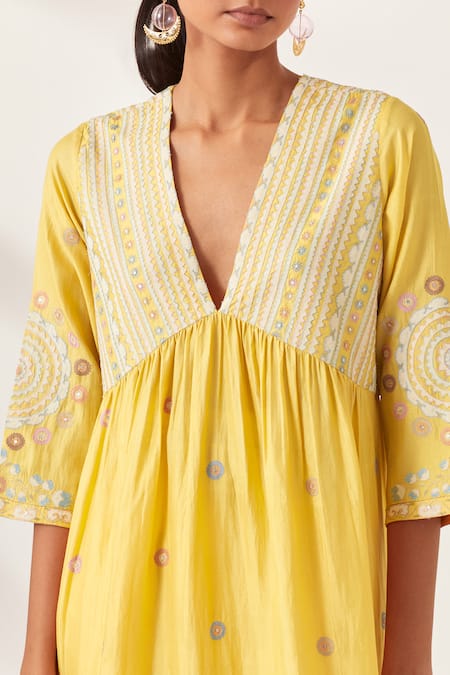 Kora_Yellow , Organza Sequins, Applique Stripe Aari Work Anarkali Pant Set _at_Aza_Fashions