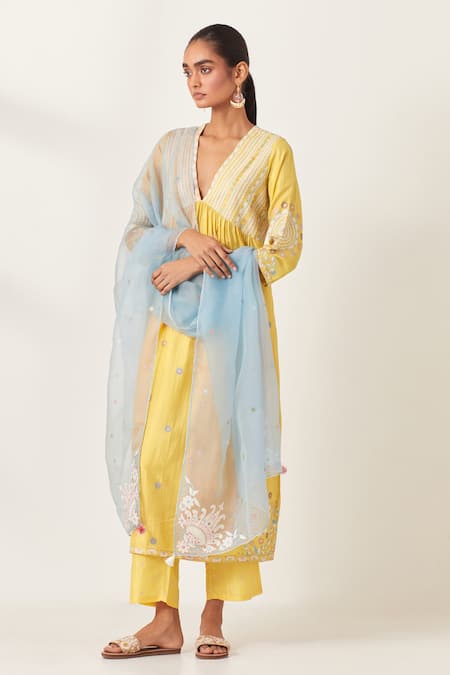 Buy_Kora_Yellow , Organza Sequins, Applique Stripe Aari Work Anarkali Pant Set 