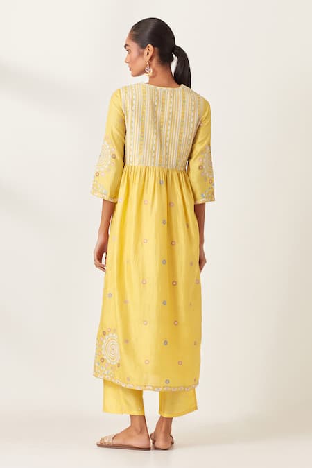 Shop_Kora_Yellow , Organza Sequins, Applique Stripe Aari Work Anarkali Pant Set _at_Aza_Fashions