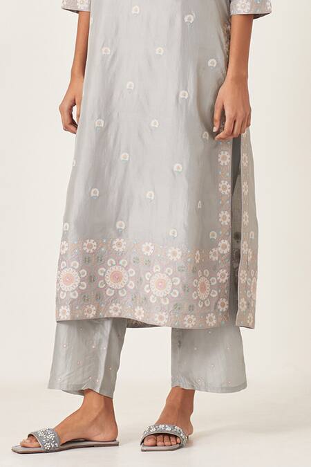 Kora_Blue , Organza Sequins, Embroidery, Blossom Work Kurta Pant Set _Online_at_Aza_Fashions