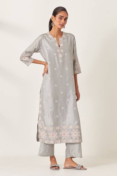 Shop_Kora_Blue , Organza Sequins, Embroidery, Blossom Work Kurta Pant Set _Online_at_Aza_Fashions