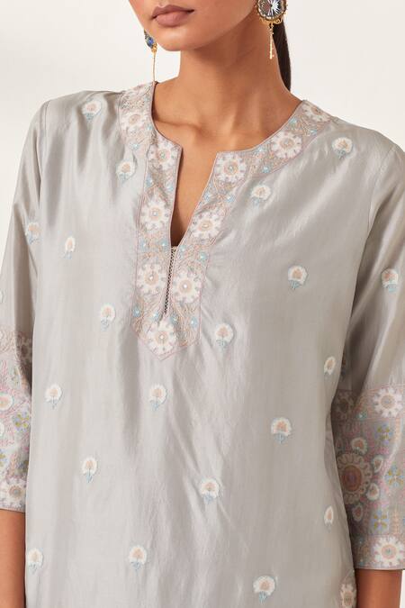 Kora_Blue , Organza Sequins, Embroidery, Blossom Work Kurta Pant Set _at_Aza_Fashions