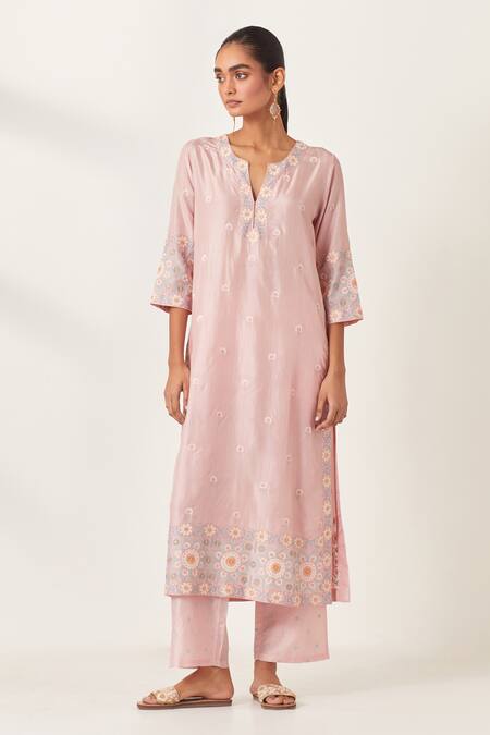 Buy_Kora_Pink , Organza Applique, Sequins, Embroidery Work Floral Kurta Pant Set _Online_at_Aza_Fashions