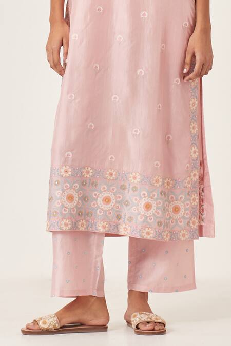 Shop_Kora_Pink , Organza Applique, Sequins, Embroidery Work Floral Kurta Pant Set _Online_at_Aza_Fashions