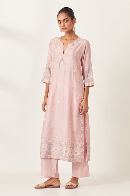 Kora_Pink , Organza Applique, Sequins, Embroidery Work Floral Kurta Pant Set _at_Aza_Fashions