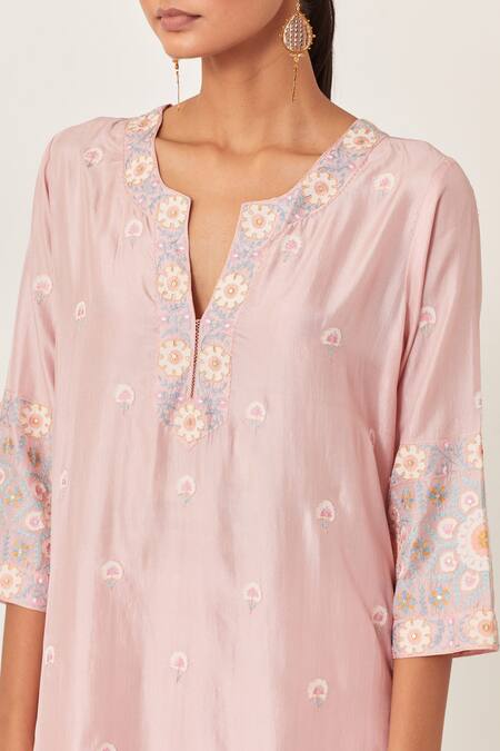 Buy_Kora_Pink , Organza Applique, Sequins, Embroidery Work Floral Kurta Pant Set 