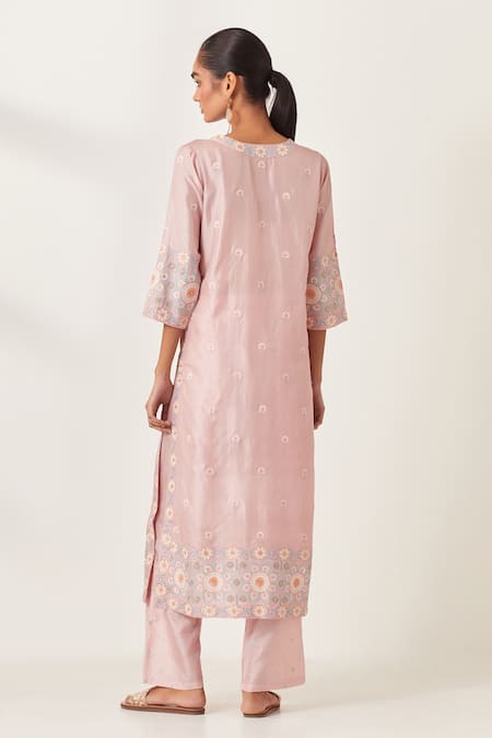 Shop_Kora_Pink , Organza Applique, Sequins, Embroidery Work Floral Kurta Pant Set _at_Aza_Fashions
