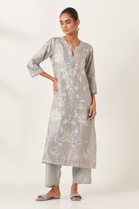 Kora_Blue , Organza Embroidery, Applique Split Floral Work Kurta Pant Set _Online_at_Aza_Fashions