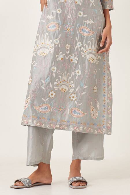 Shop_Kora_Blue , Organza Embroidery, Applique Split Floral Work Kurta Pant Set _Online_at_Aza_Fashions