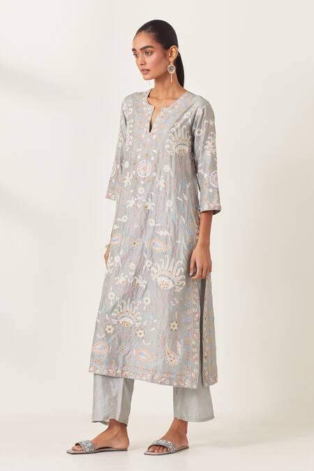 Kora_Blue , Organza Embroidery, Applique Split Floral Work Kurta Pant Set _at_Aza_Fashions