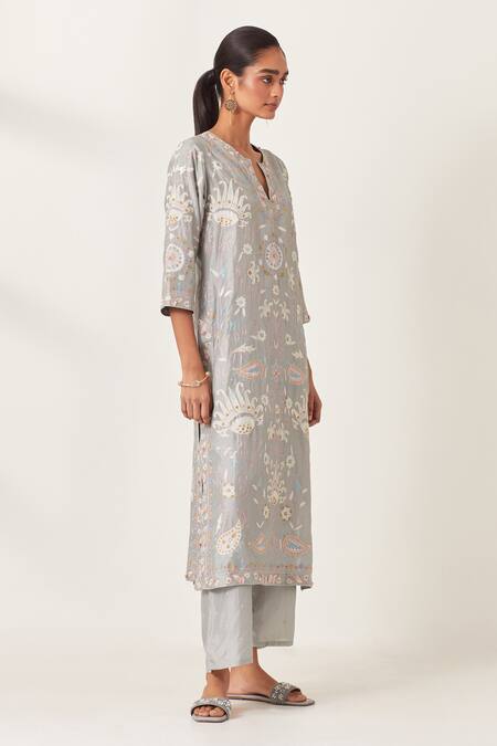 Buy_Kora_Blue , Organza Embroidery, Applique Split Floral Work Kurta Pant Set 