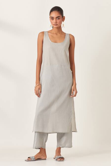 Shop_Kora_Blue , Organza Embroidery, Applique Split Floral Work Kurta Pant Set 