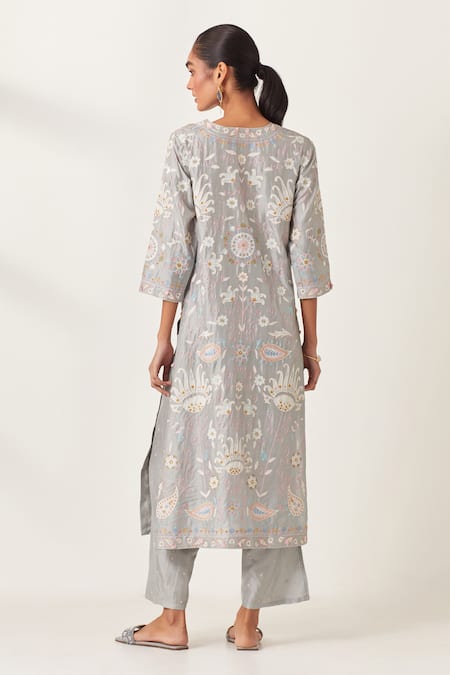 Shop_Kora_Blue , Organza Embroidery, Applique Split Floral Work Kurta Pant Set _at_Aza_Fashions