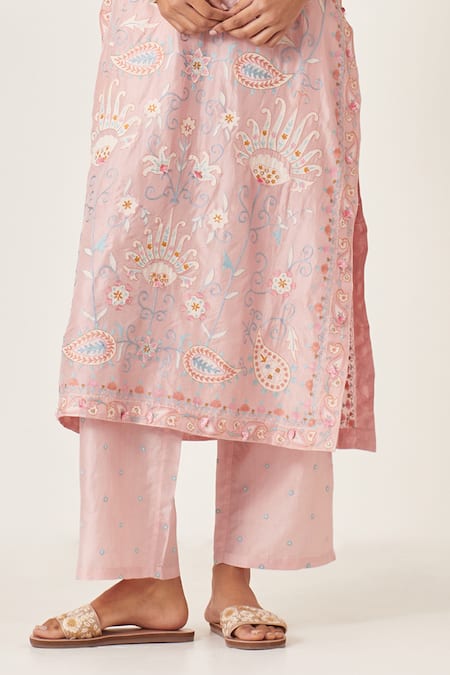 Buy_Kora_Pink , Organza Applique, Embroidery Floral Jaal Work Kurta Pant Set _Online_at_Aza_Fashions