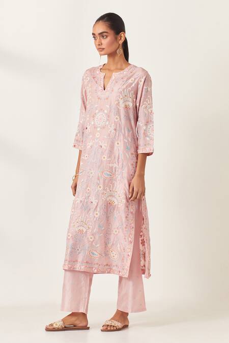 Shop_Kora_Pink , Organza Applique, Embroidery Floral Jaal Work Kurta Pant Set _Online_at_Aza_Fashions