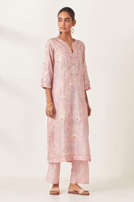 Kora_Pink , Organza Applique, Embroidery Floral Jaal Work Kurta Pant Set _at_Aza_Fashions