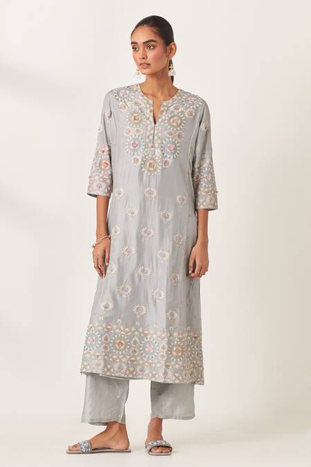 Kora_Blue , Organza Embroidery, Floral Aari Work Panelled Kurta Pant Set _Online_at_Aza_Fashions