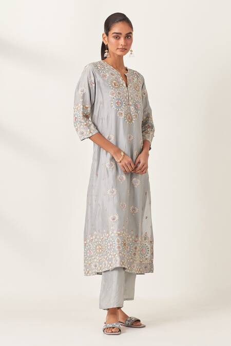 Buy_Kora_Blue , Organza Embroidery, Floral Aari Work Panelled Kurta Pant Set _Online_at_Aza_Fashions