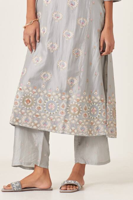 Shop_Kora_Blue , Organza Embroidery, Floral Aari Work Panelled Kurta Pant Set _Online_at_Aza_Fashions