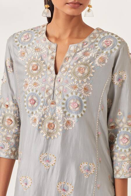 Kora_Blue , Organza Embroidery, Floral Aari Work Panelled Kurta Pant Set _at_Aza_Fashions