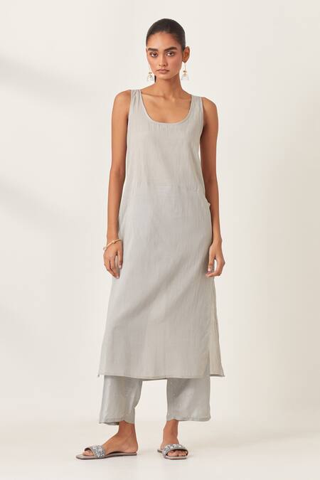 Buy_Kora_Blue , Organza Embroidery, Floral Aari Work Panelled Kurta Pant Set 