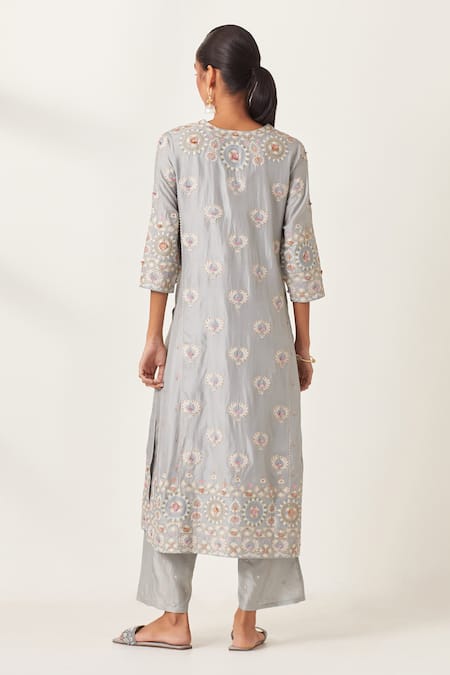 Shop_Kora_Blue , Organza Embroidery, Floral Aari Work Panelled Kurta Pant Set _at_Aza_Fashions