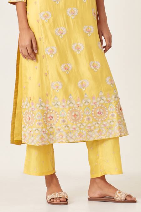 Shop Kora Yellow , Organza Embroidery, Tassels Aari Work Panelled Kurta Pant Set Online at Aza Fashions Shop_Kora_Yellow , Organza Embroidery, Tassels Aari Work Panelled Kurta Pant Set _Online_at_Aza_Fashions