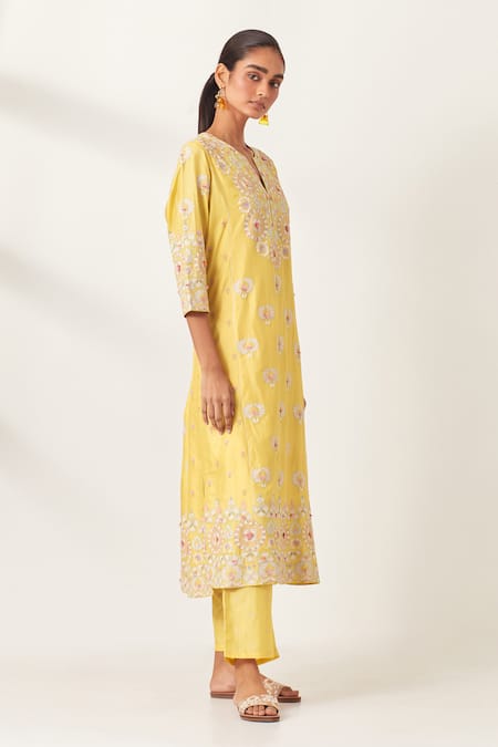 Kora Yellow , Organza Embroidery, Tassels Aari Work Panelled Kurta Pant Set at Aza Fashions Kora_Yellow , Organza Embroidery, Tassels Aari Work Panelled Kurta Pant Set _at_Aza_Fashions