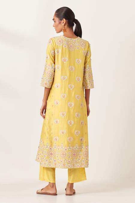 Shop Kora Yellow , Organza Embroidery, Tassels Aari Work Panelled Kurta Pant Set at Aza Fashions Shop_Kora_Yellow , Organza Embroidery, Tassels Aari Work Panelled Kurta Pant Set _at_Aza_Fashions