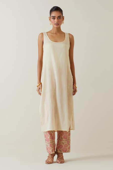 Kora Beige Tissue, Cotton, Chanderi Embroidery, Sequins Printed Kurta Pant Set Online at Aza Fashions Kora_Beige Tissue, Cotton, Chanderi Embroidery, Sequins Printed Kurta Pant Set _Online_at_Aza_Fashions